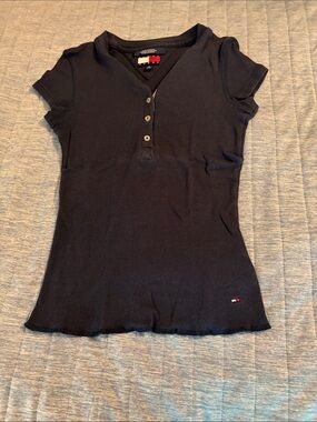Tommy Hilfiger Black Ribbed Short Sleeve Top with Red & White Flag